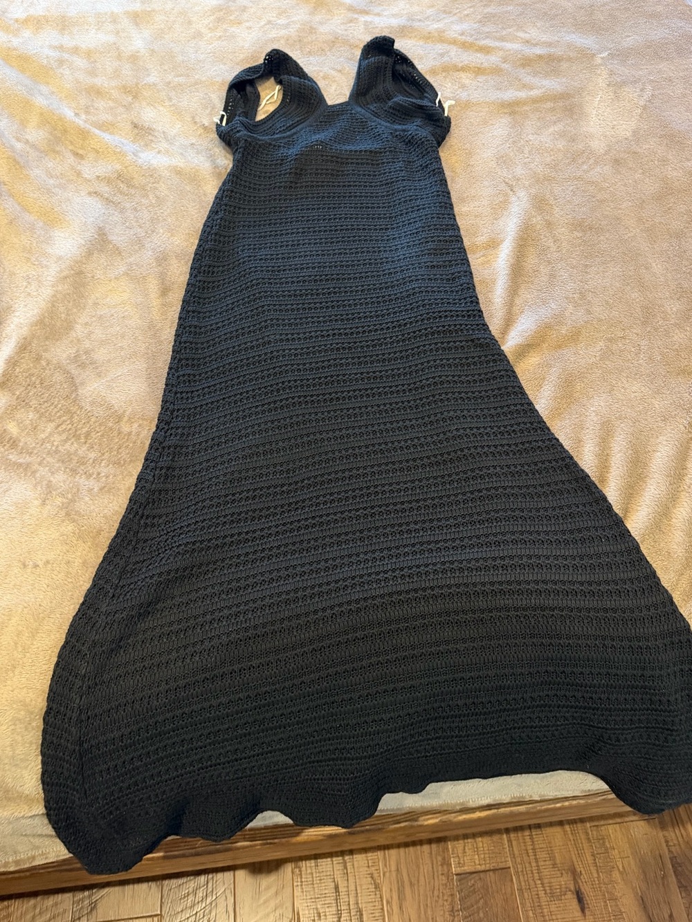Black Crochet Maxi Dress - Women's Sleeveless Knit Dress (mustard seed)